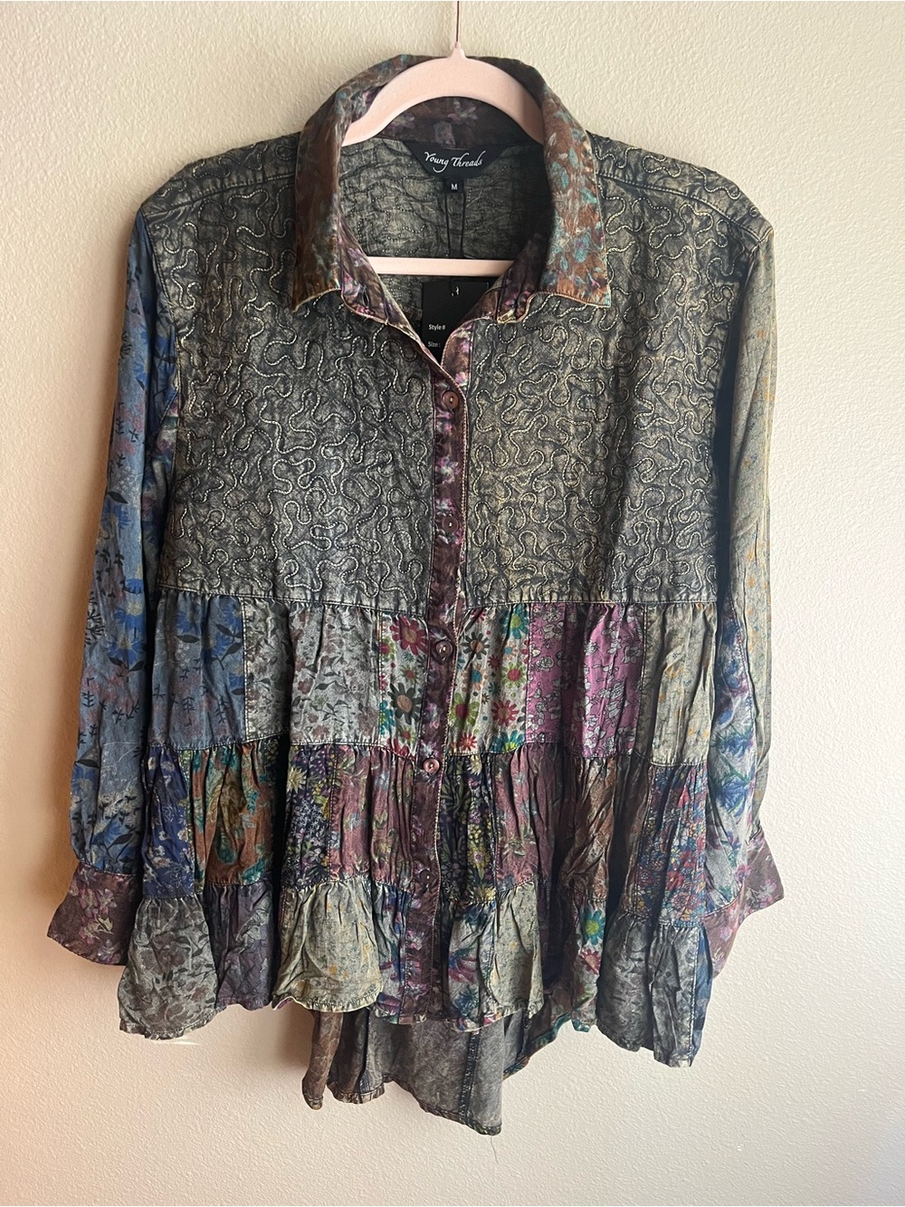 Young Threads Patchwork Button-Down Blouse in Multicolor